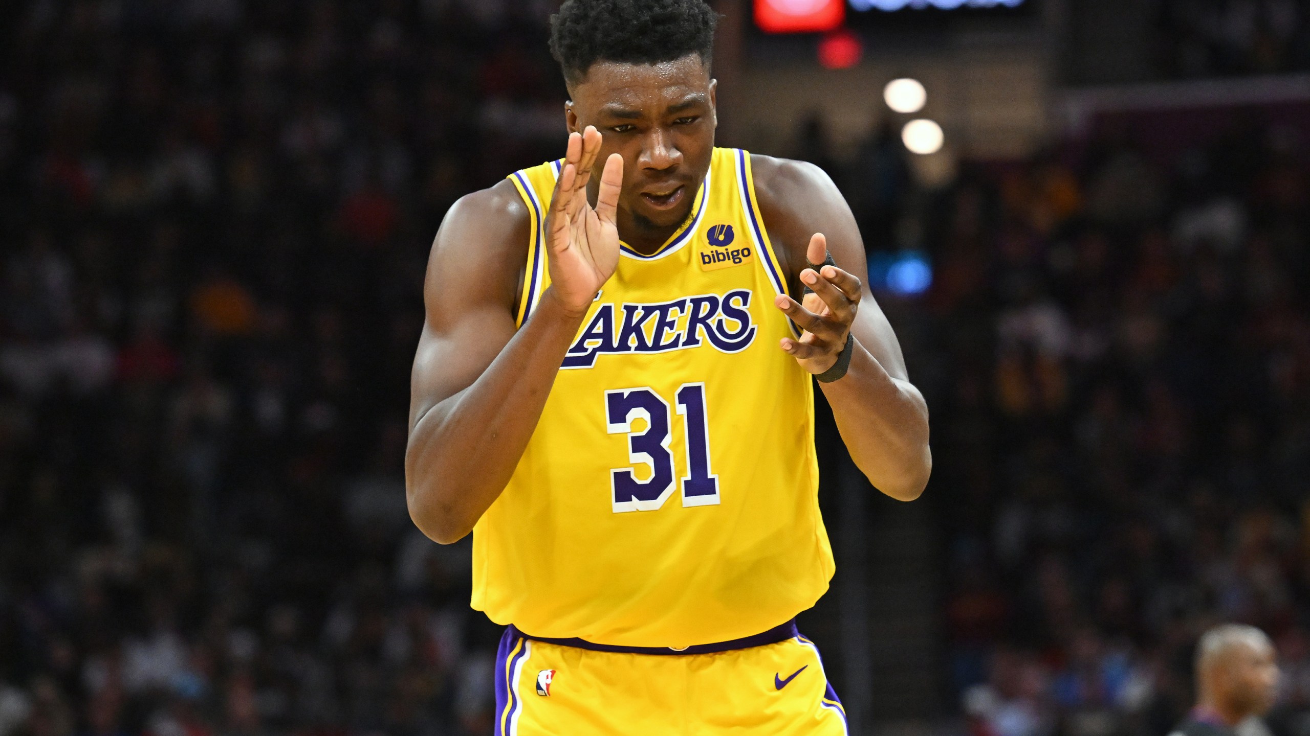 Thomas Bryant of the Los Angeles Lakers reacts during the third quarter against the Cleveland Cavaliers at Rocket Mortgage Fieldhouse on Dec. 6, 2022, in Cleveland, Ohio. (Jason Miller/Getty Images)