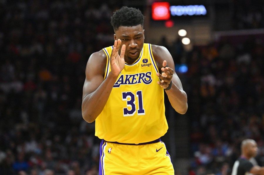 Thomas Bryant of the Los Angeles Lakers reacts during the third quarter against the Cleveland Cavaliers at Rocket Mortgage Fieldhouse on Dec. 6, 2022, in Cleveland, Ohio. (Jason Miller/Getty Images)