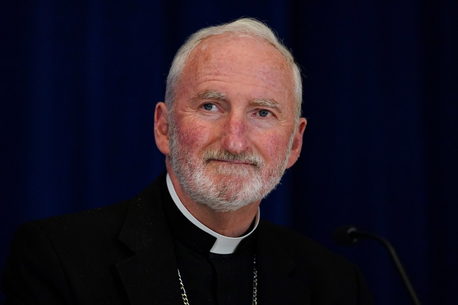 Bishop David O'Connell, of the Archdiocese of Los Angeles, attends a news conference at the Fall General Assembly meeting of the United States Conference of Catholic Bishops, on Nov. 17, 2021, in Baltimore. (Julio Cortez/Associated Press)