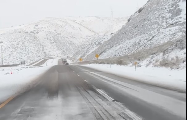 Video posted by the California Highway Patrol shows snowy and icy conditions on Highway 58 on Feb. 23, 2023.