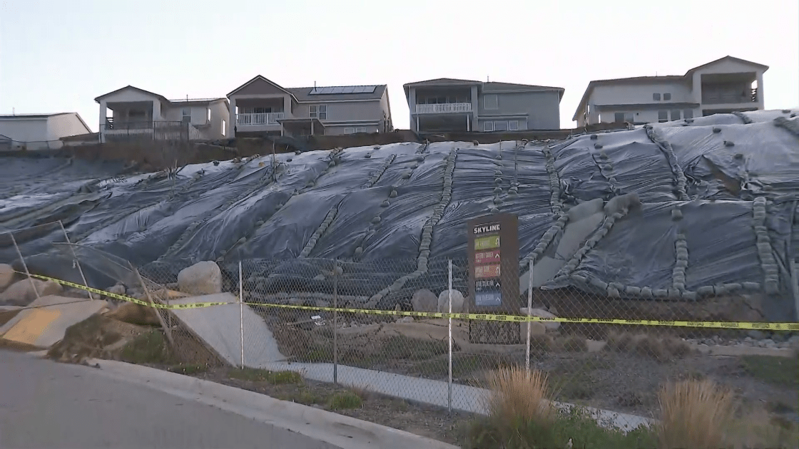 Several homes were yellow tagged after a rockslide in a Canyon Country community on Feb. 6, 2023. (KTLA)