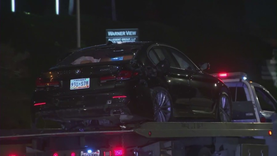 Six people were hospitalized after a three-vehicle crash in Woodland Hills on Feb. 11, 2023. (KTLA)