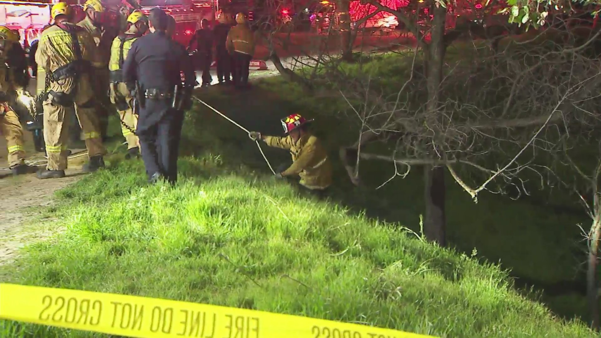 A woman was hospitalized after her vehicle went down a 100-foot embankment in Beverly Crest on Feb. 4, 2023. (KTLA)