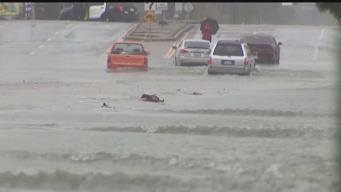 Streets flooded from a historic storm pummeling SoCal this weekend. (KTLA)