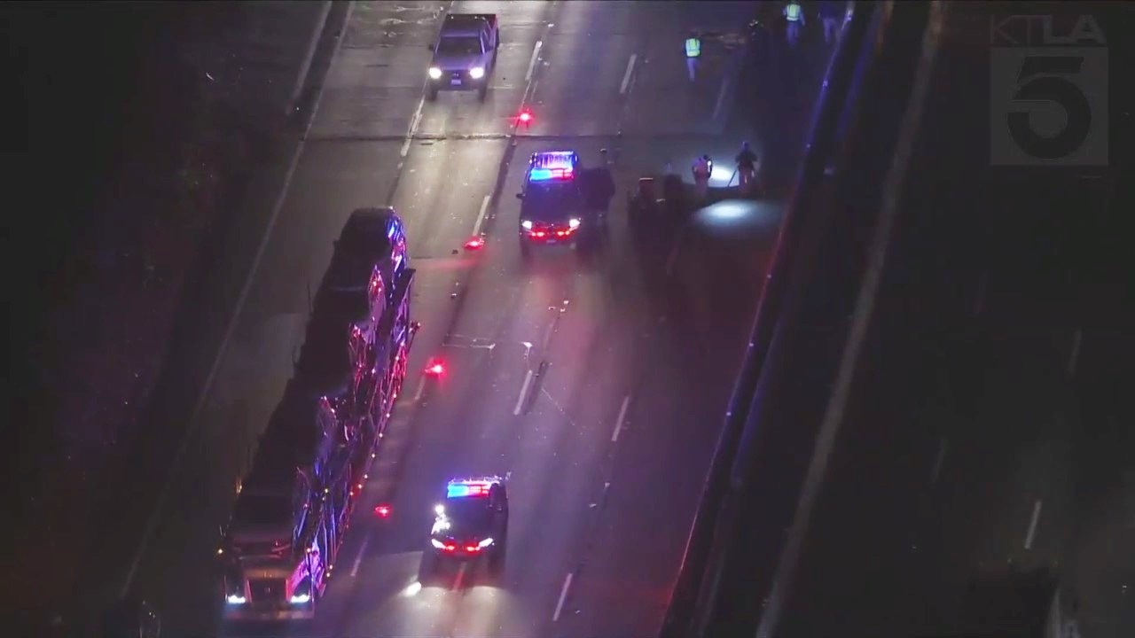 Roads on the 101 Freeway were closed after a motorcyclist was killed in a crash on Feb. 21, 2023. (KTLA)