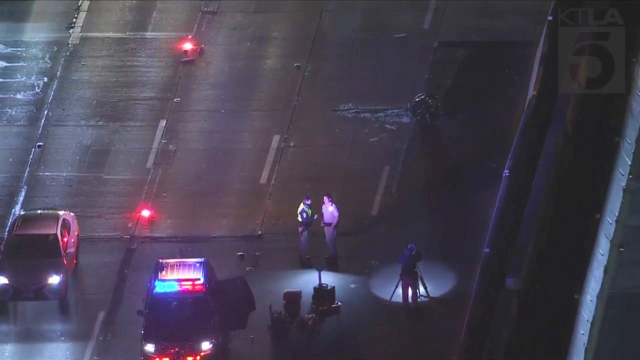 Roads on the 101 Freeway were closed after a motorcyclist was killed in a crash on Feb. 21, 2023. (KTLA)