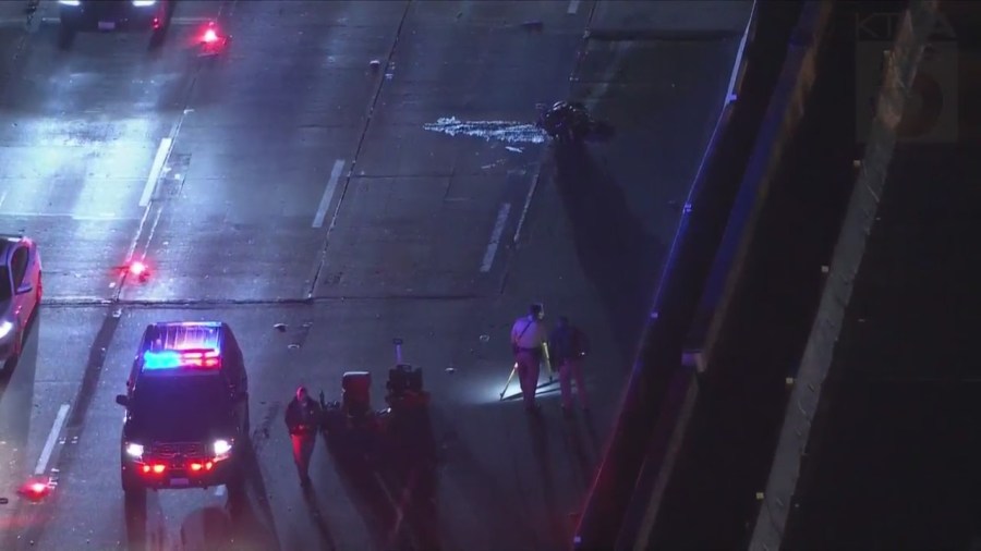 Roads on the 101 Freeway were closed after a motorcyclist was killed in a crash on Feb. 21, 2023. (KTLA)