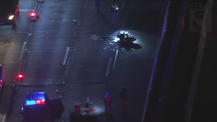 Roads on the 101 Freeway were closed after a motorcyclist was killed in a crash on Feb. 21, 2023. (KTLA)