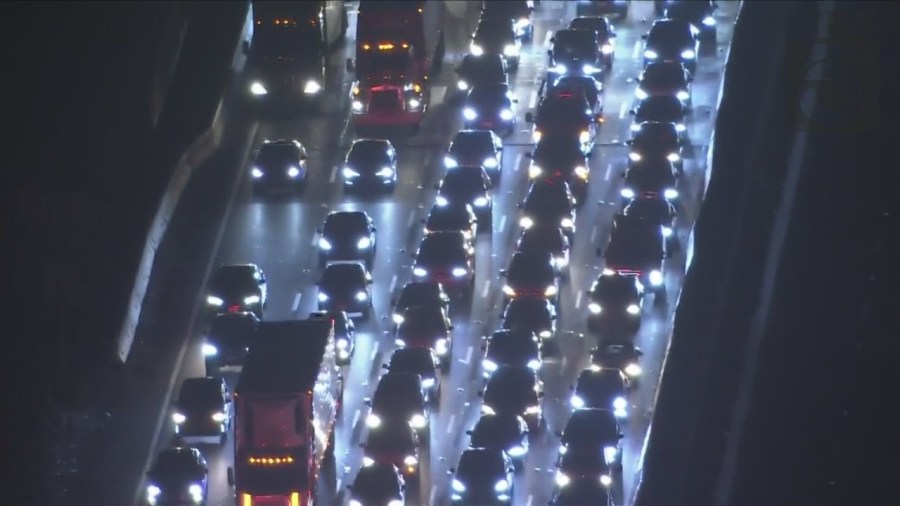 Major traffic on the 101 Freeway in Encino after a motorcyclist was killed in a crash on Feb. 21, 2023. (KTLA)