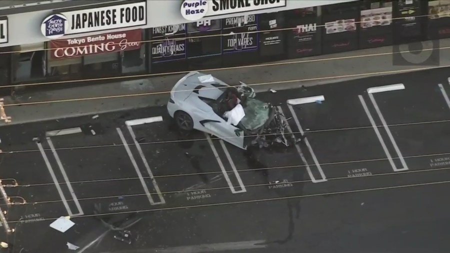 Aftermath of a speeding Corvette crashing into another vehicle in Lake Balboa on Feb. 8, 2023. (KTLA)