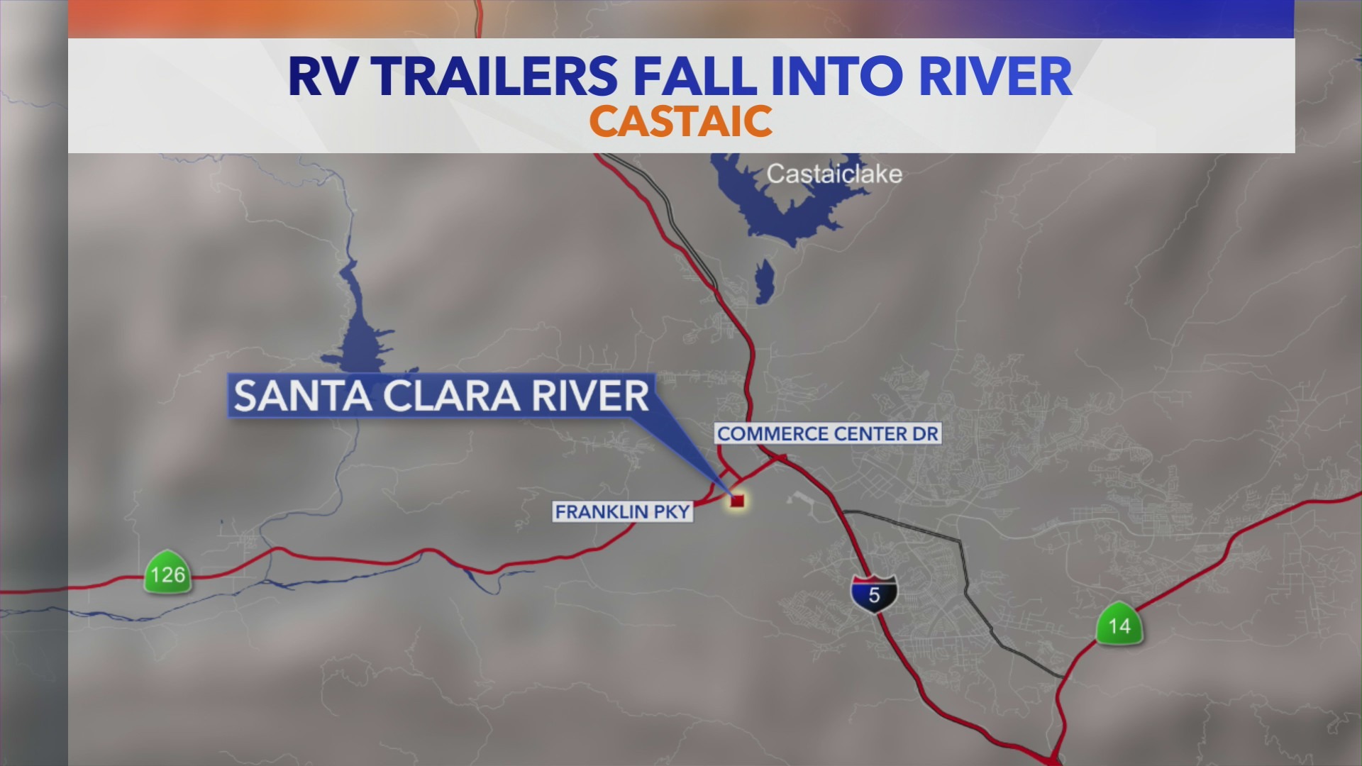 An RV tumbled off an embankment and into a river in Castaic on Feb. 25, 2023. (KTLA)