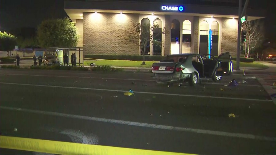 Five people were hospitalized after a hit-and-run crash in Seal Beach on Feb. 11, 2023. (KTLA)