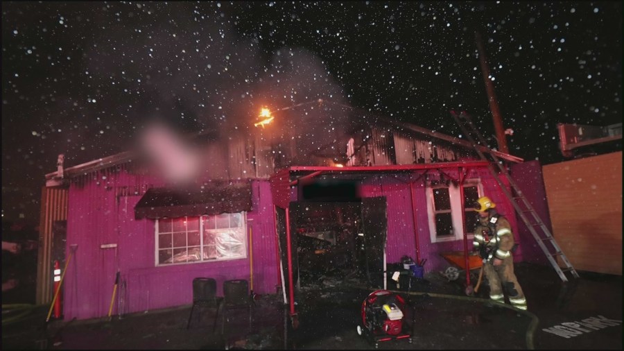 Freeway auto parts, pictured here, as fire crews worked to extinguish the blaze on Mar. 20, 2023. (OCFA)