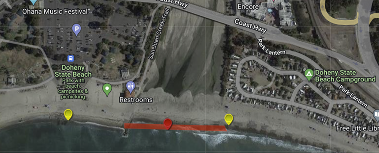 Doheny State Beach ocean access closed after massive sewage spill on March 15, 2023. (OC Healthcare Agency)