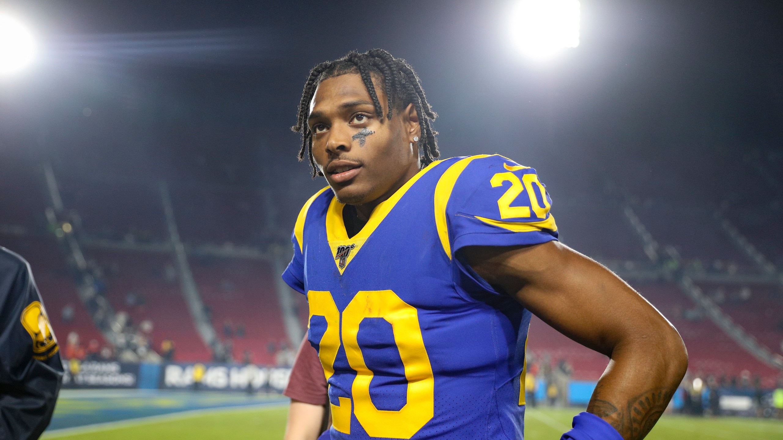 Cornerback Jalen Ramsey #20 of the Los Angeles Rams leaves the field after defeating the Chicago Bears at Los Angeles Memorial Coliseum on November 17, 2019 in Los Angeles, California. (Meg Oliphant/Getty Images)