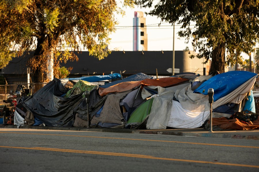 A homeless encampment sits on a street in Downtown Los Angeles, California.