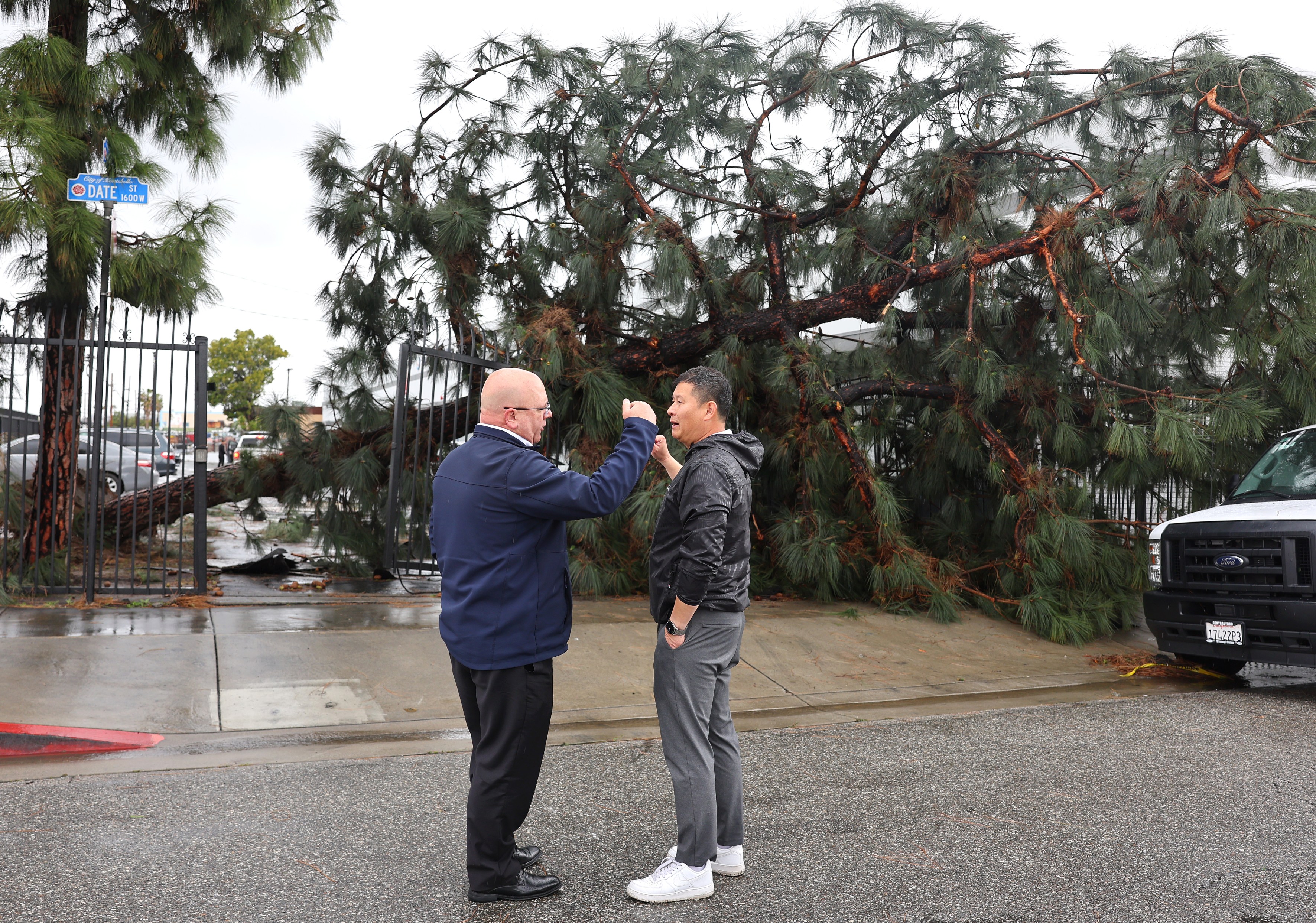 People gather near a toppled tree after a tornado touched down and ripped up building roofs in a Los Angeles suburb on March 22, 2023. (Tama/Getty Images)