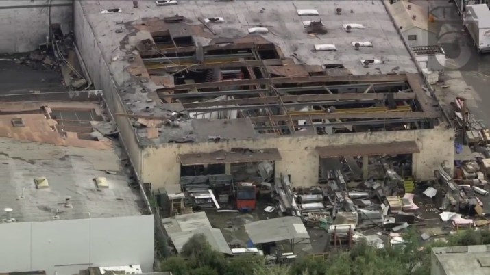 A roof in Montebello was damaged by a reported tornado on March 22, 2023. (KTLA)