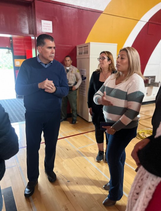 Los Angeles County Sheriff Robert Luna visits displaced neighbors of the Valinda standoff on March 11, 2023. (Robert Luna)