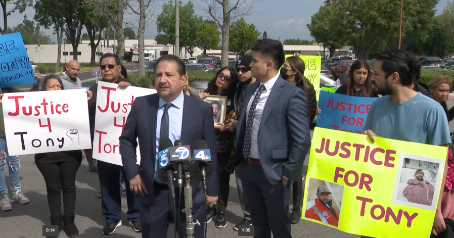 Family of Tony Ibanez and their attorneys held a news conference on March 13, 2023 to call for justice and the release of police body camera footage. (KTLA)