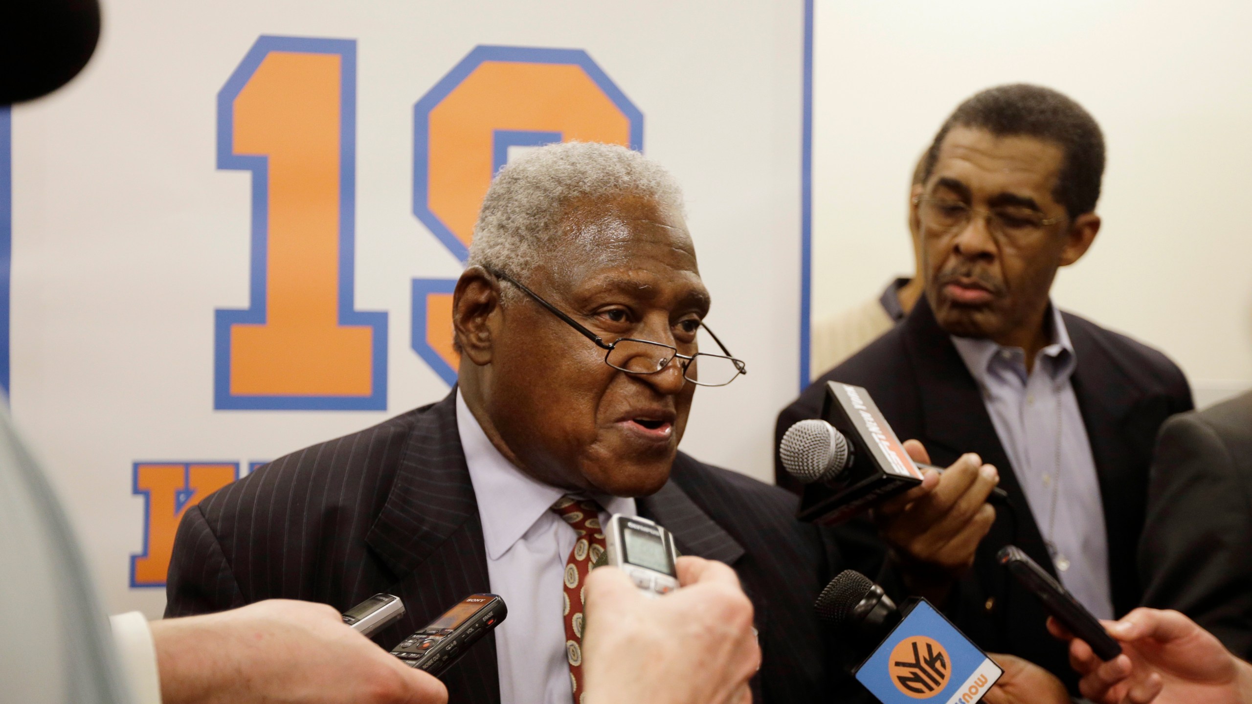 New York Knicks Hall-of-Famer Willis Reed responds to questions during an interview before an NBA basketball game between the Knicks and the Milwaukee Bucks, Friday, April 5, 2013, in New York. (AP Photo/Frank Franklin II)