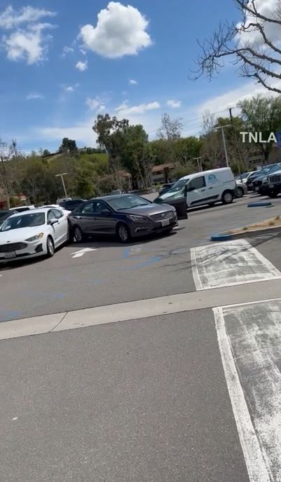 Video shows a carjacker on a destructive rampage in Agoura Hills as she crashes into eight vehicles as terrified shoppers watch on March 31, 2023. (TNLA)