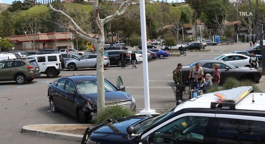 Video shows a carjacker on a destructive rampage in Agoura Hills as she crashes into eight vehicles as terrified shoppers watch on March 31, 2023. (TNLA)