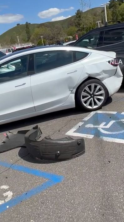 Video shows a carjacker on a destructive rampage in Agoura Hills as she crashes into eight vehicles as terrified shoppers watch on March 31, 2023. (TNLA)