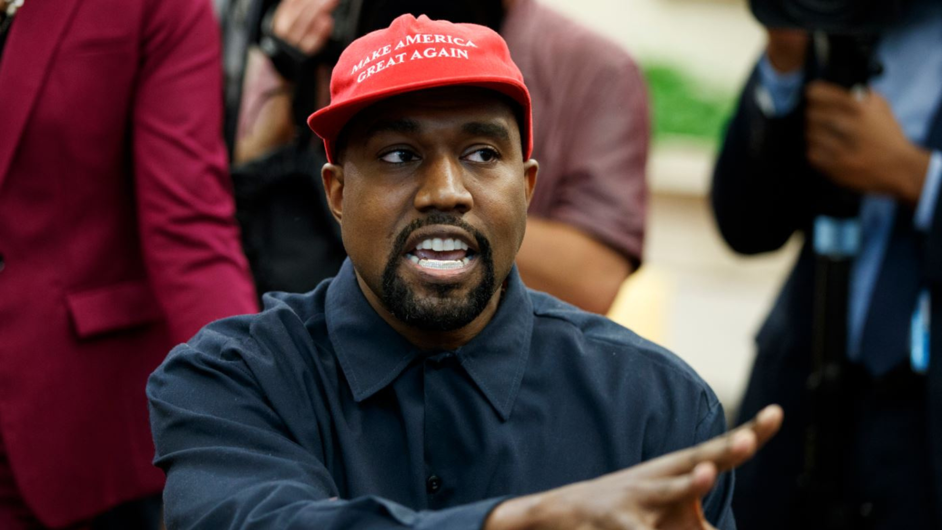 Rapper Kanye West speaks during a meeting in the Oval Office of the White House with President Donald Trump on Oct. 11, 2018, in Washington. (Evan Vucci/Associated Press)