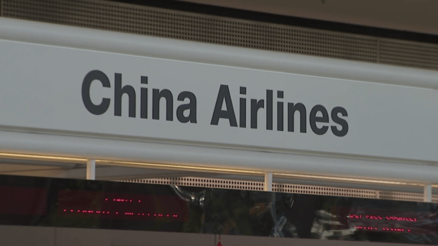 China Airlines signs are seen at the Ontario International Airport in March 2020, before the airline stopped regular service to the Southern California airport. (KTLA)