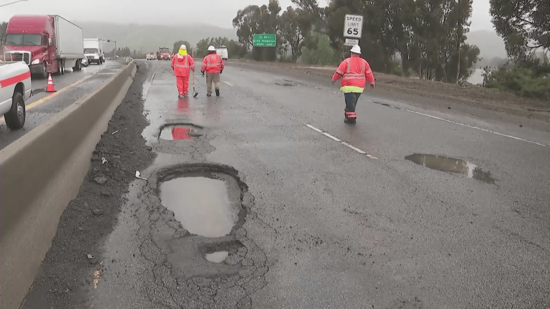 Giant potholes are seen on the 71 Freeway on March 15, 2023. (KTLA)