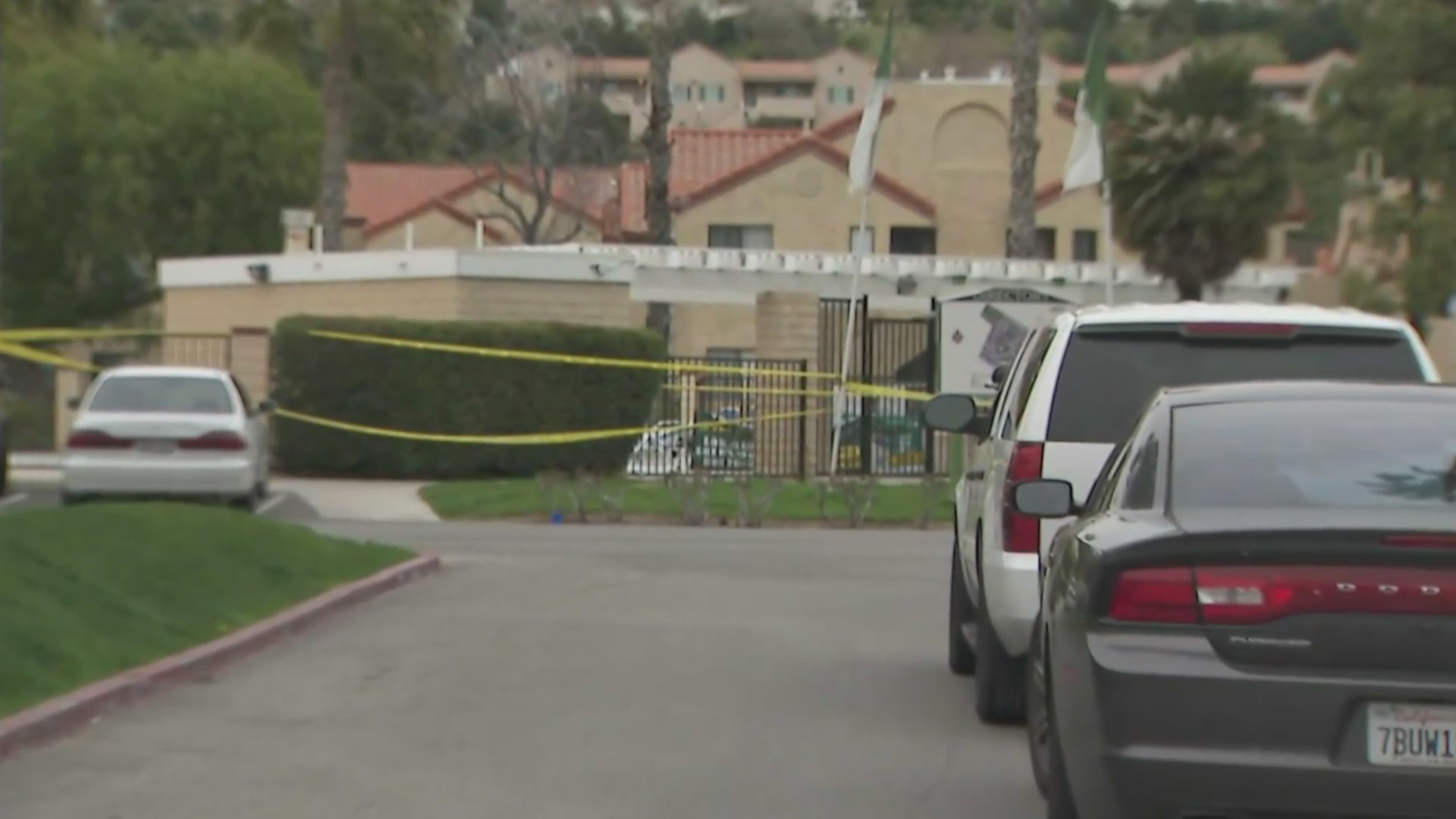 Two people were fatally shot while sitting by the pool in a Newhall apartment complex on March 18, 2023. (KTLA)