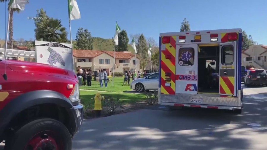 Two people were fatally shot while sitting by the pool in a Newhall apartment complex on March 18, 2023. (KeyNews.TV)