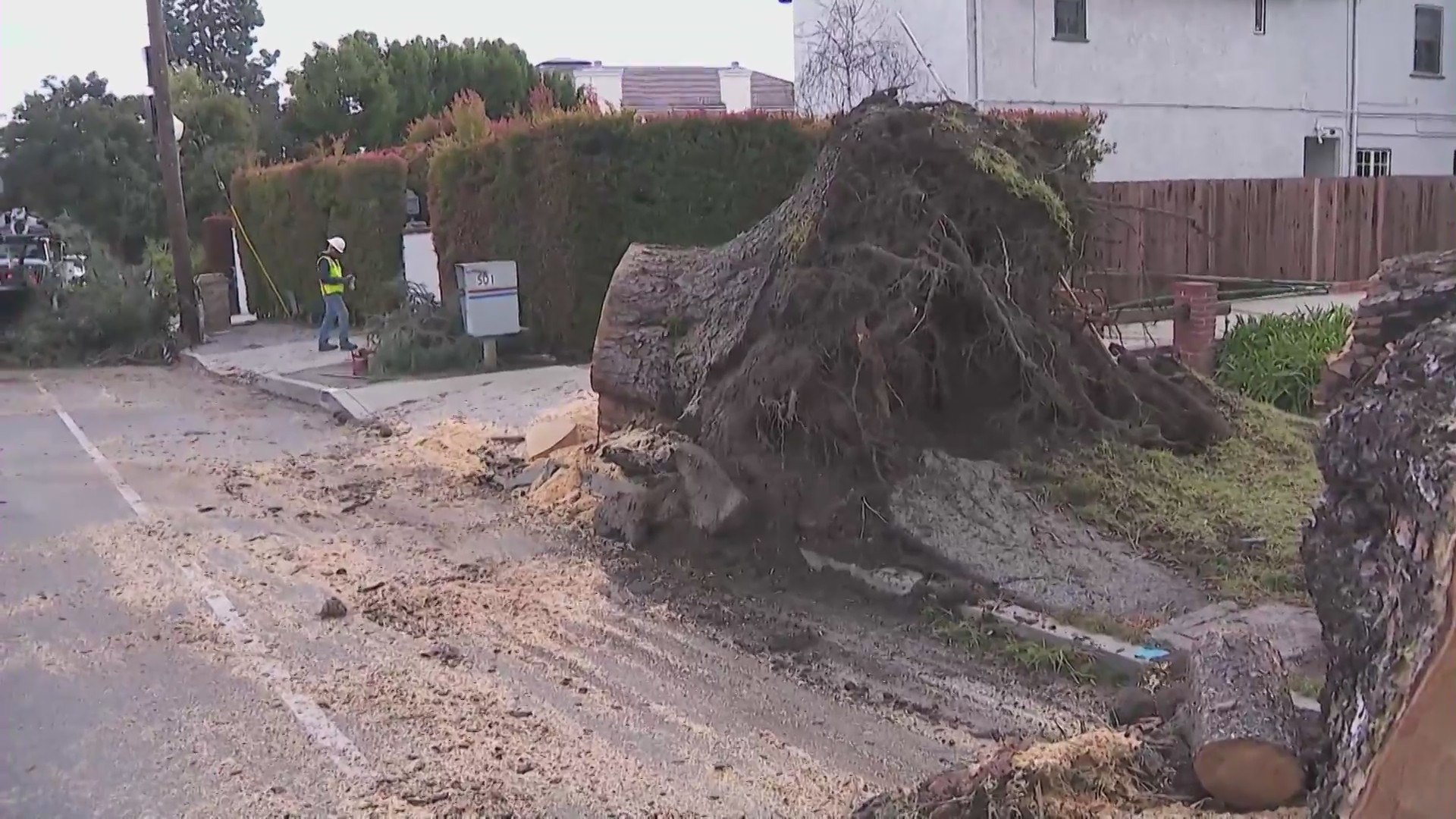 Stormy weather across Southern California continued causing destruction on Wednesday, downing trees and powerlines while causing sinkholes and mudslides. (KTLA)