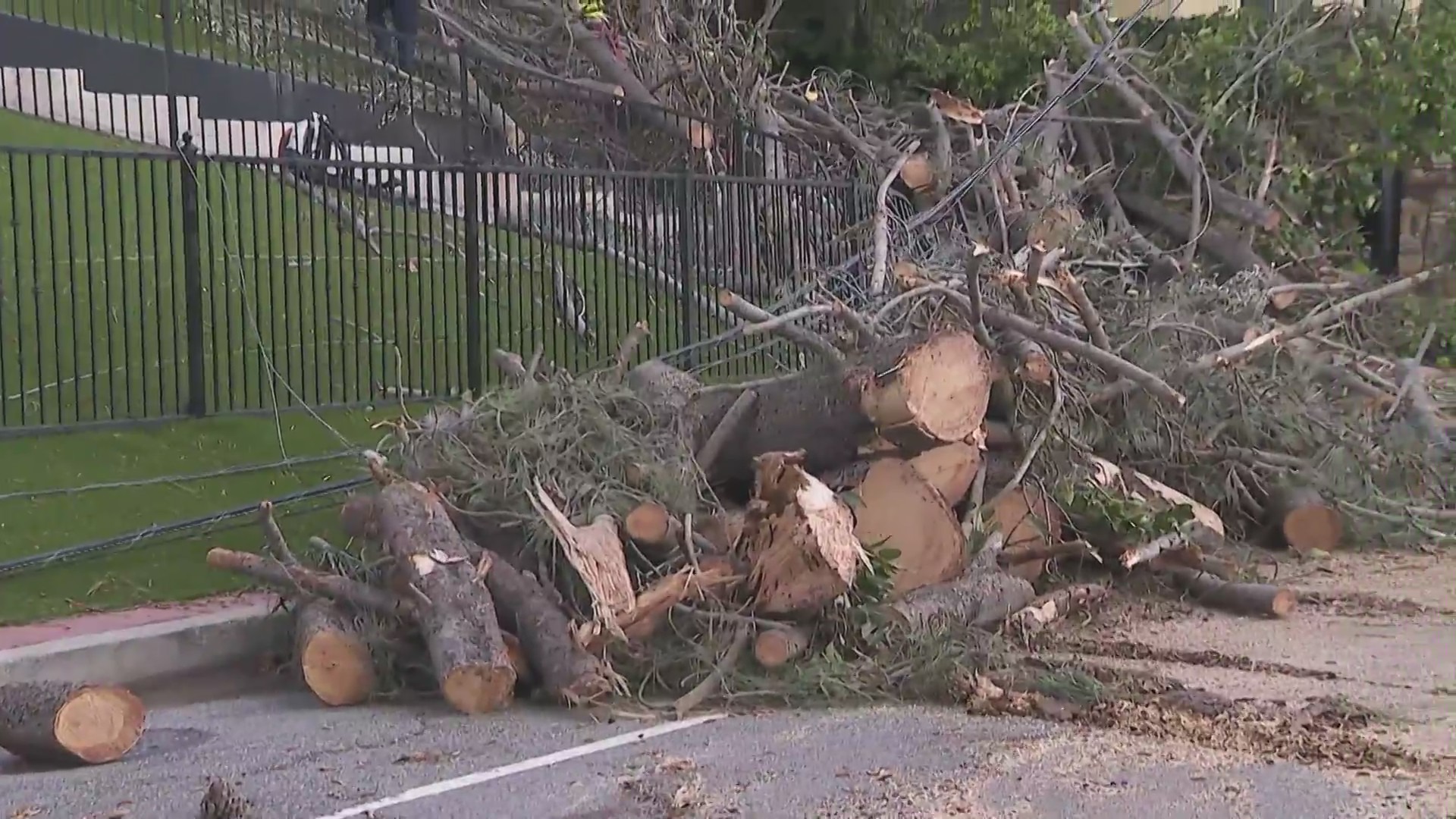 Stormy weather across Southern California continued causing destruction on Wednesday, downing trees and powerlines while causing sinkholes and mudslides. (KTLA)