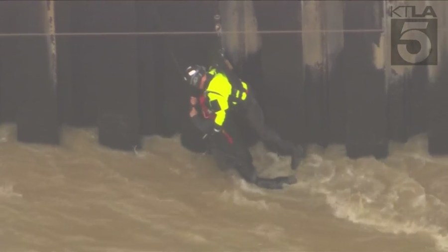 Authorities rescued a man who was swept into the Los Angeles River on March 15, 2023. (KTLA)