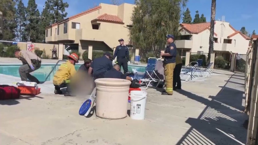 Two people were fatally shot while sitting by the pool in a Newhall apartment complex on March 18, 2023. (KeyNews.TV)