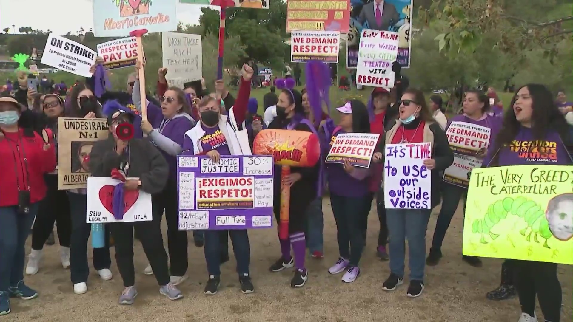 Around 60,000 Los Angeles Unified School District employees on strike, calling for higher wages and better working conditions on March 23, 2023. (KTLA)