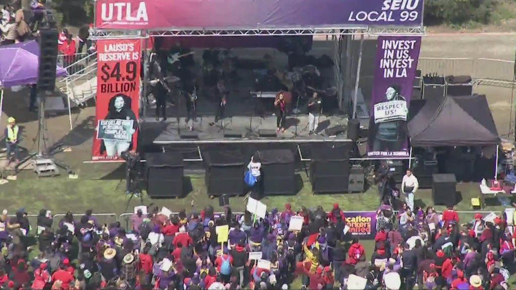 Around 60,000 Los Angeles Unified School District employees on strike, calling for higher wages and better working conditions on March 23, 2023. (KTLA)