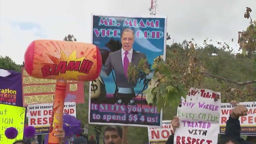 Around 60,000 Los Angeles Unified School District employees on strike, calling for higher wages and better working conditions on March 23, 2023. (KTLA)