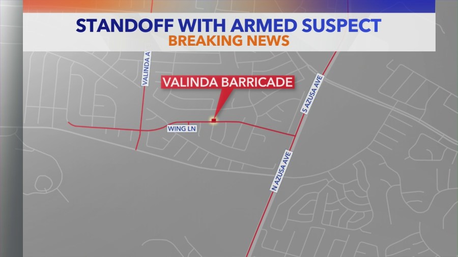 A standoff involving a man who allegedly fired shots at Los Angeles County sheriff’s deputies continues over 24 hours in Valinda on March 11, 2023. (KTLA)