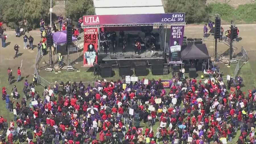 Around 60,000 Los Angeles Unified School District employees on strike, calling for higher wages and better working conditions on March 23, 2023. (KTLA)