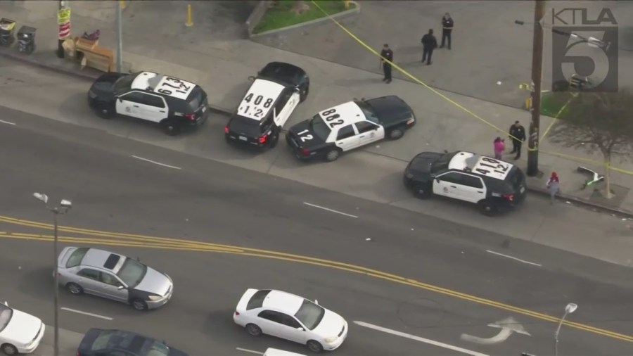 Police investigating a shooting outside of a Burger King in South Los Angeles on March 17, 2023. (KTLA)