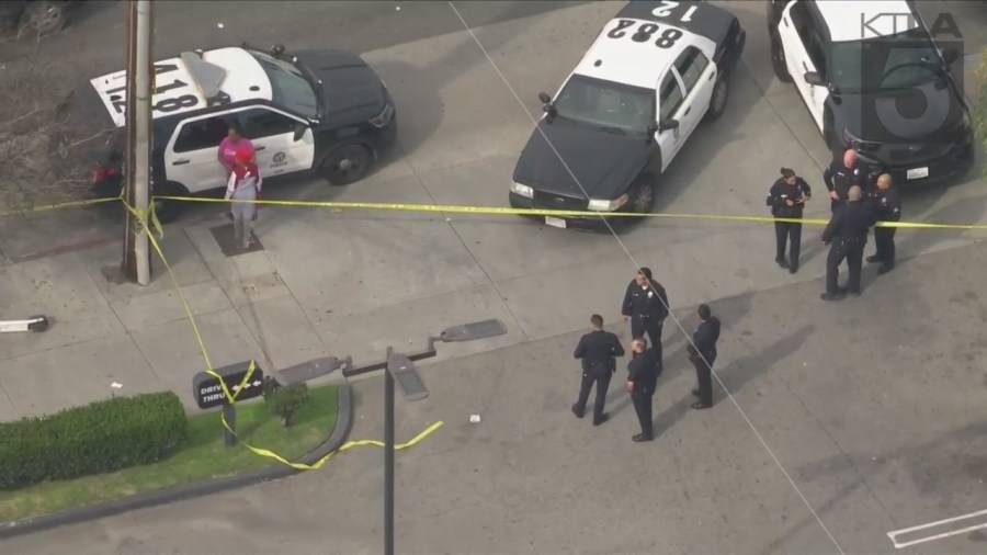 Police investigating a shooting outside of a Burger King in South Los Angeles on March 17, 2023. (KTLA)