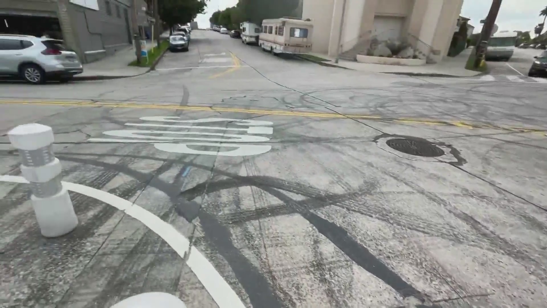 Tire burnout marks from illegal street stunts and takeovers in the Angelino Heights area. (KTLA)