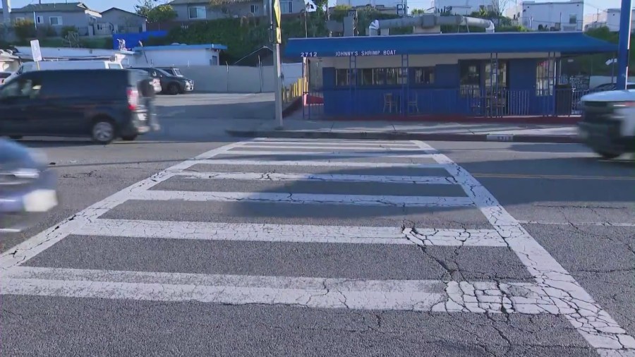 The intersection where a 13-year-old boy lost his leg after a hit-and-run crash on March 30, 2023. (KTLA)