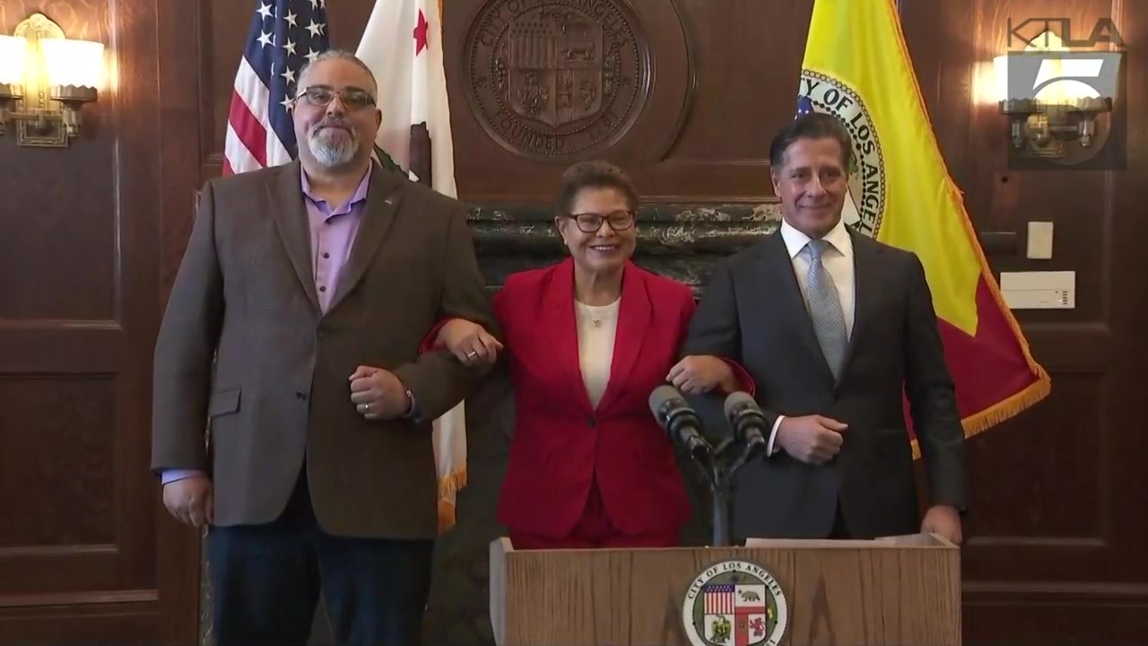 L.A. Mayor Karen Bass, LAUSD Superintendant Alberto Carvalho and Max Arias, SEIU Dirtector of Local 99 hold a join press conference following a tentative deal struck between the district and union members on March 24, 2023.