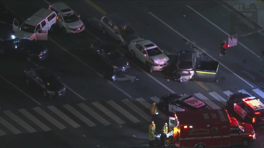 One person is dead and at least eight others were hospitalized after a multi-vehicle crash in Long Beach on Tuesday night. (KTLA)