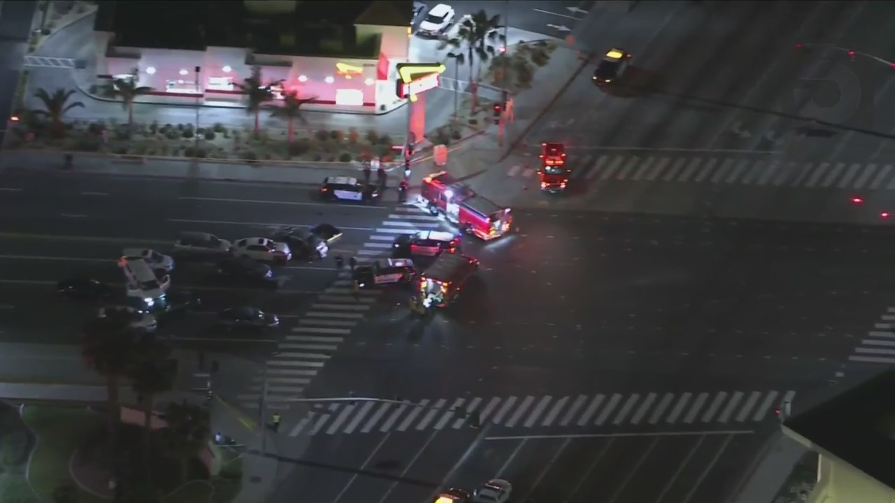 One person is dead and at least eight others were hospitalized after a multi-vehicle crash in Long Beach on Tuesday night. (KTLA)