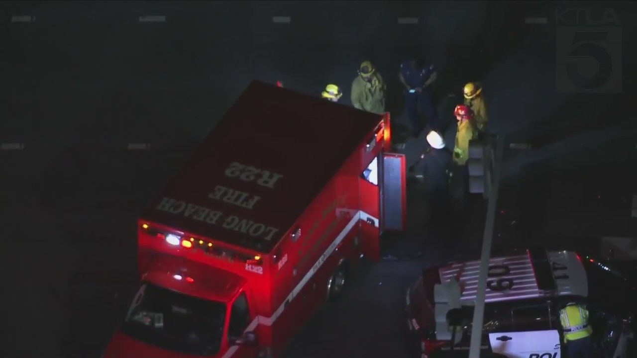 One person is dead and at least eight others were hospitalized after a multi-vehicle crash in Long Beach on Tuesday night. (KTLA)